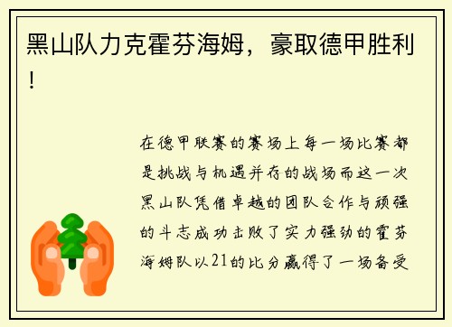 黑山队力克霍芬海姆，豪取德甲胜利！