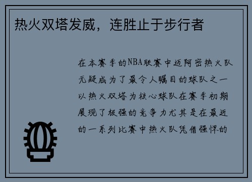 热火双塔发威，连胜止于步行者