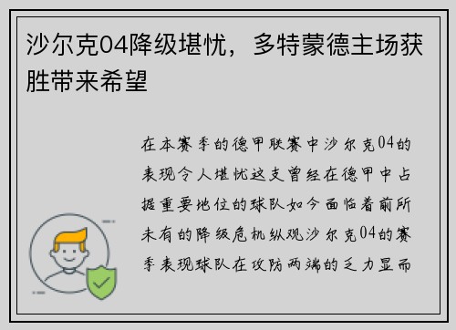 沙尔克04降级堪忧，多特蒙德主场获胜带来希望